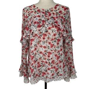 White House Black Market Top Women Size 6 Pink Floral Ruffled Cottagecore Blouse